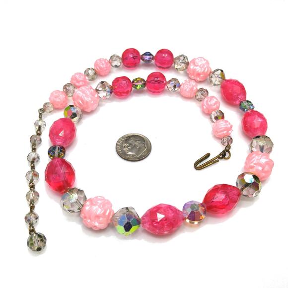 Vintage Pink Lucite Crystal Beaded Necklace, Aurora Borealis, Molded Beads - Picture 3 of 10